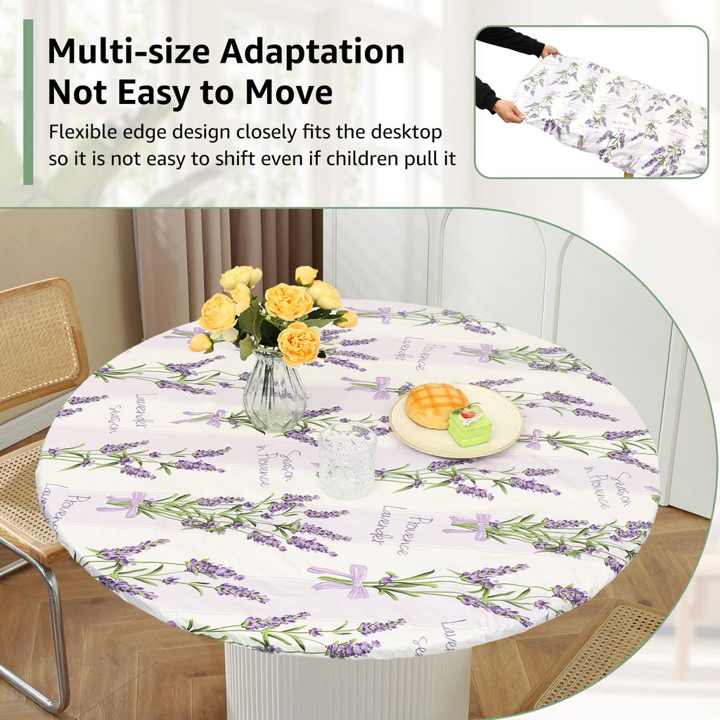 Elastic Round Table Cloth Fitted Flannel Backed Vinyl Tablecloth Waterproof Wipeable Dining Table Covers For Camping