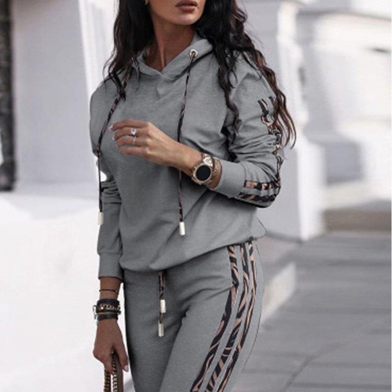 Autumn 2022 Women's Fashion Solid Color Striped Sweatshirt Two-Piece Casual Sportswear