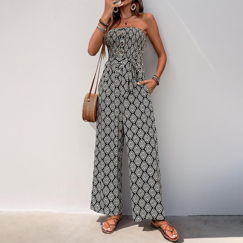 Ethnic Style Holiday Jumpsuit 2025 Summer New Printed Strapless Jumpsuit