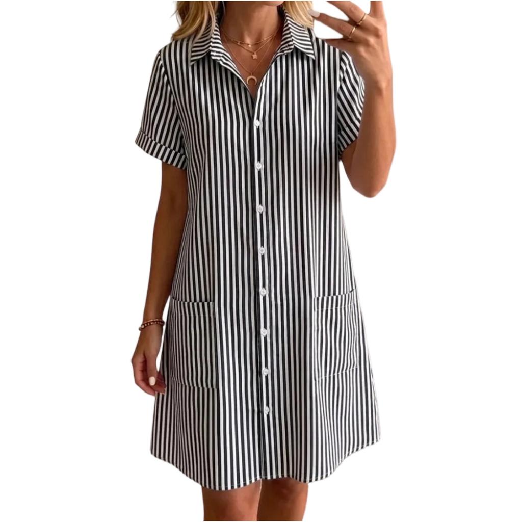 Women's Loose Fit Plus Size Striped Short Sleeve Shirt Dress Casual Mid Length Button Down Summer Dress with Pockets