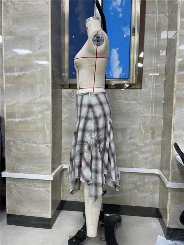 Plaid Patchwork High-Waisted Irregular Hem Midi Skirt