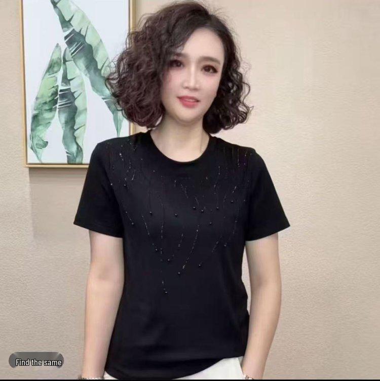 Elegant Women s Beaded Slim Fit Short-Sleeve Round Neck T-Shirt XL чёрный