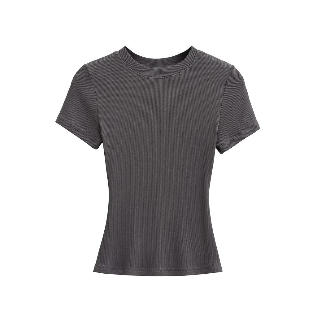 2025 Summer Kardashian Style Ribbed Short Sleeve Top - Solid Color & Sexy Round Neck