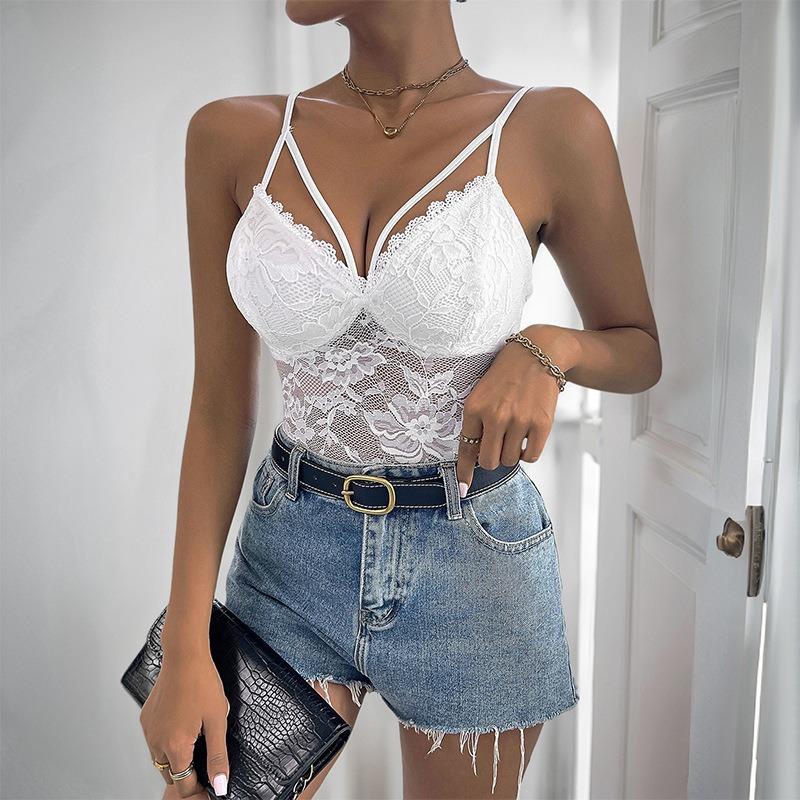 Damen Neuer Sommer Sexy Jumpsuit Weiß Hohle Spitze Schlankmachender Jumpsuit