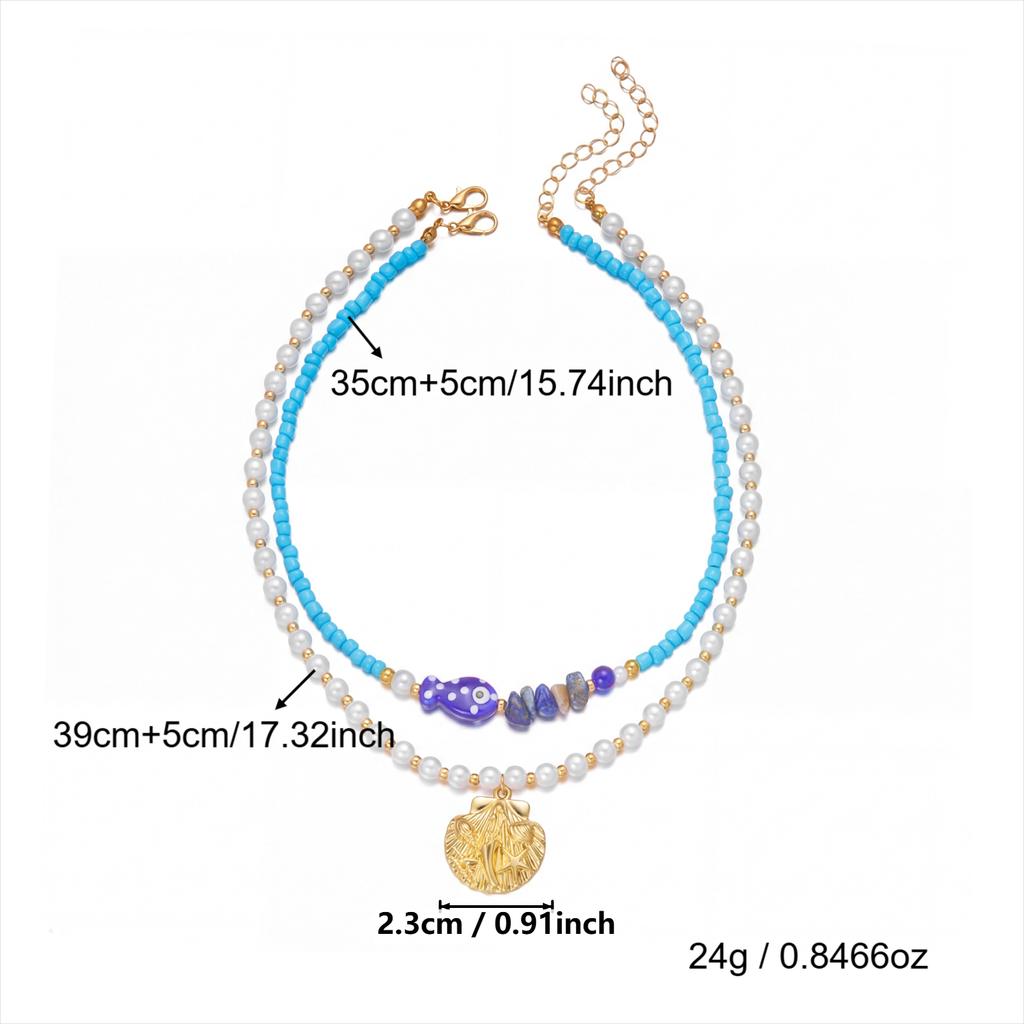 2Pcs/Set Vacation Fish Shell Stone Faux Pearl Beaded Necklace Summer Beach Boho Layered Choker Jewelry For Women