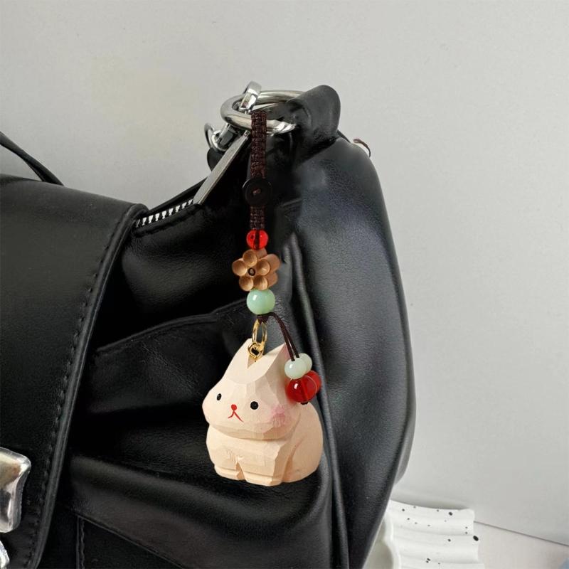 Hand Carved Wooden Rabbit Keychain Lightweight Portable Design Car Keyring Cartoon Animal Bag Hanging Accessory