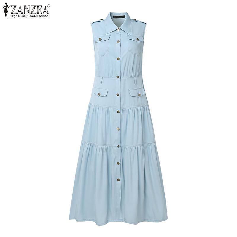 

ZANZEA Женское элегантное повседневное платье без рукавов с лацканами, на пуговицах, плиссированное, длинное 5XL светло-синий