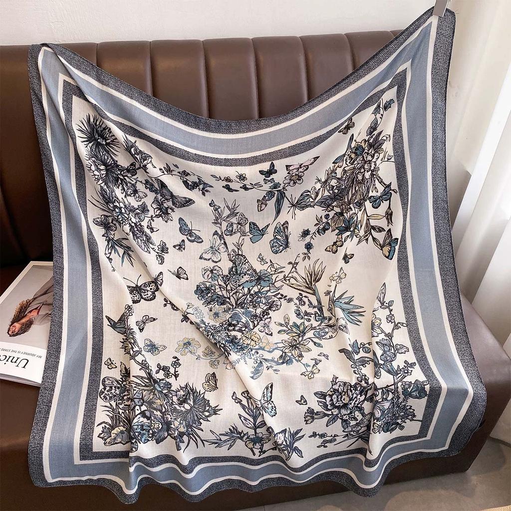 90X90Cm Vintage Butterfly Print Handkerchief Scarf For Women Imitation Silk Shawl Scarfs Female Square Head Scarves