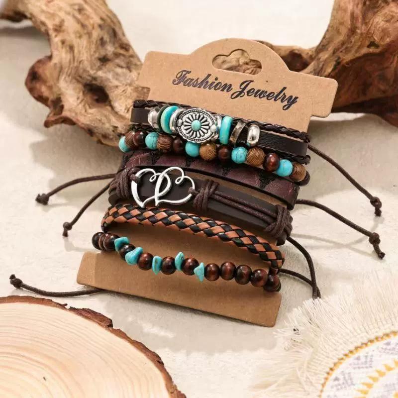 New Wood Bead Beaded Multi-layer Retro Flower Peacock Feather Heart-shaped Hand-woven Set Bracelet
