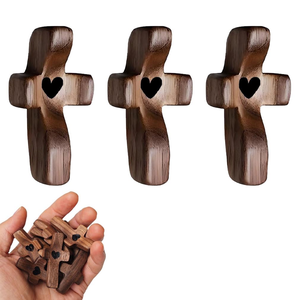 [Handheld Cross with Heart Cutout] Wooden Pocket Cross with Heart Cutout, Stress Relief Handheld Cross, Encouragement Gift for C