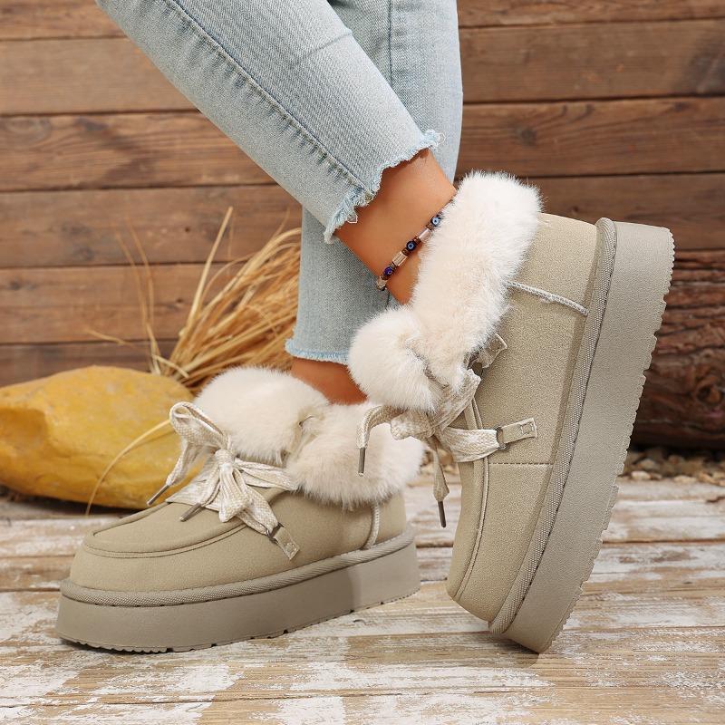 Lace-up Snow Boots Winter New Round Toe Suede Platform Wool Warm Cotton Boots