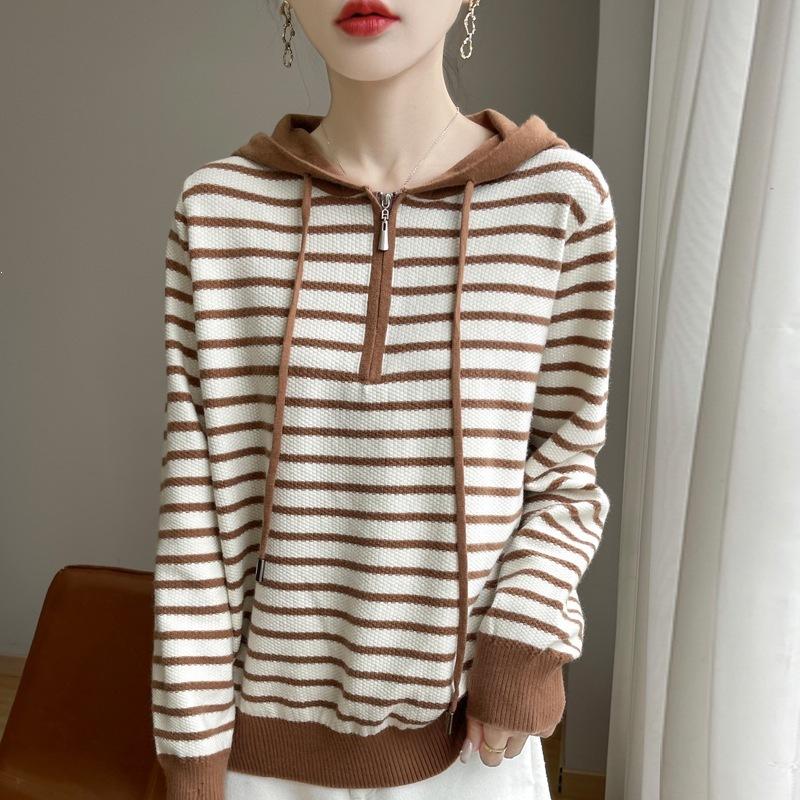 Pullover mit halbem Reißverschluss - Langarm, Lockerer und Entspannter Stil, Gestreift, Mit Kapuze, Gestricktes Baselayer-Shirt für den Winter