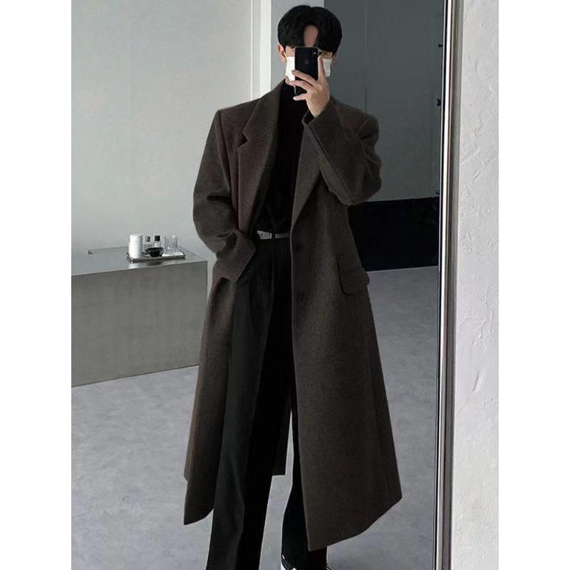 Men's Black Mid-Length Woolen Trench Coat – Autumn/Winter Loose Fit, Thickened Korean Style.