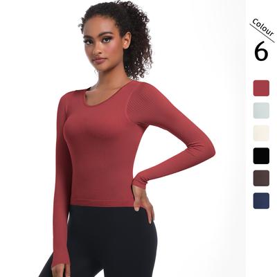 Seamless Knit Solid Color Thread Fixed Cup Long Sleeve High Spring Sports Running Fitness Yoga Top T-shirt
