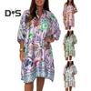Women's Plus Size Boho Dress Floral Print Short Sleeved Button Up V Neck Dress Knee Length Summer Casual Shirt Dress