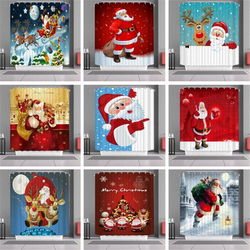 Curtain Shower Christmas With Hook Waterproof Fabric Bathroom Santa Xmas Claus