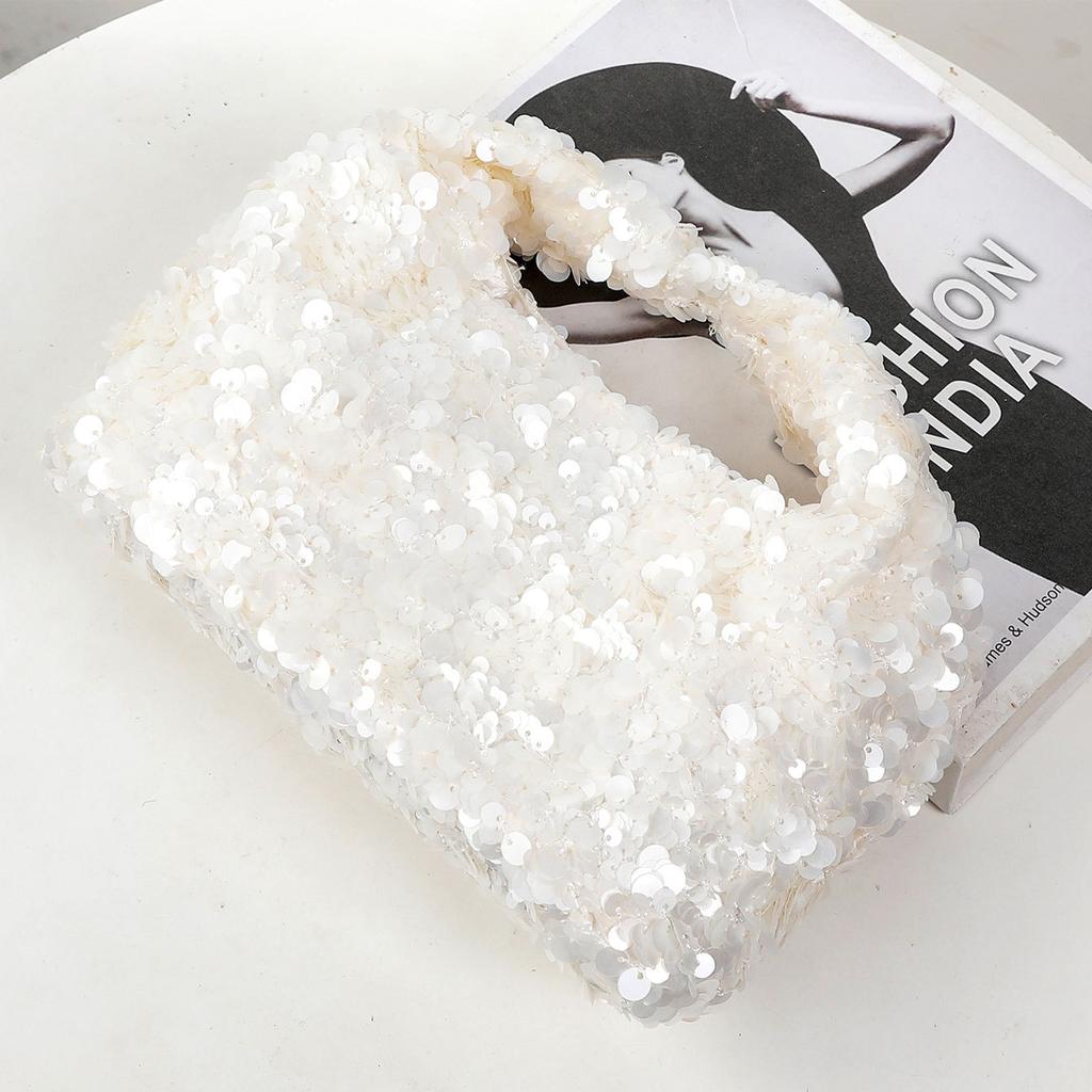 Women White Sequins Hobo Handbag Shiny Bucket Bag Elegant Evening Clutch Bag for Wedding Party Exquisite Small Tote Female Purse