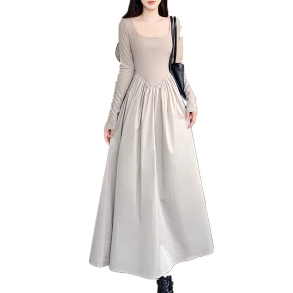 French Hepburn style long-sleeved square neck bottoming dress women's season new style temperament inner long dress