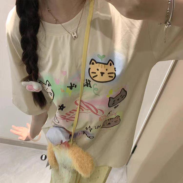 Harajuku lovely cartoon Short Sleeve T-shirts for Women Summer pure cotton Casual oversized T Shirt Women's Streetwear Y2k Tops
