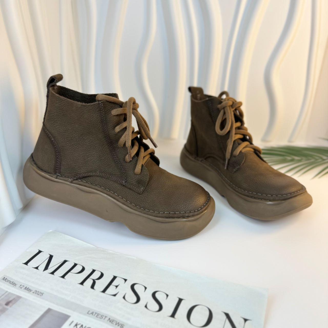 

Ретро короткие ботинки на толстой подошве женские осенне-зимние универсальные женские ботинки из коровьей кожи первого слоя на мягкой подошве на шнуровке ботинки Мартин 35 серый