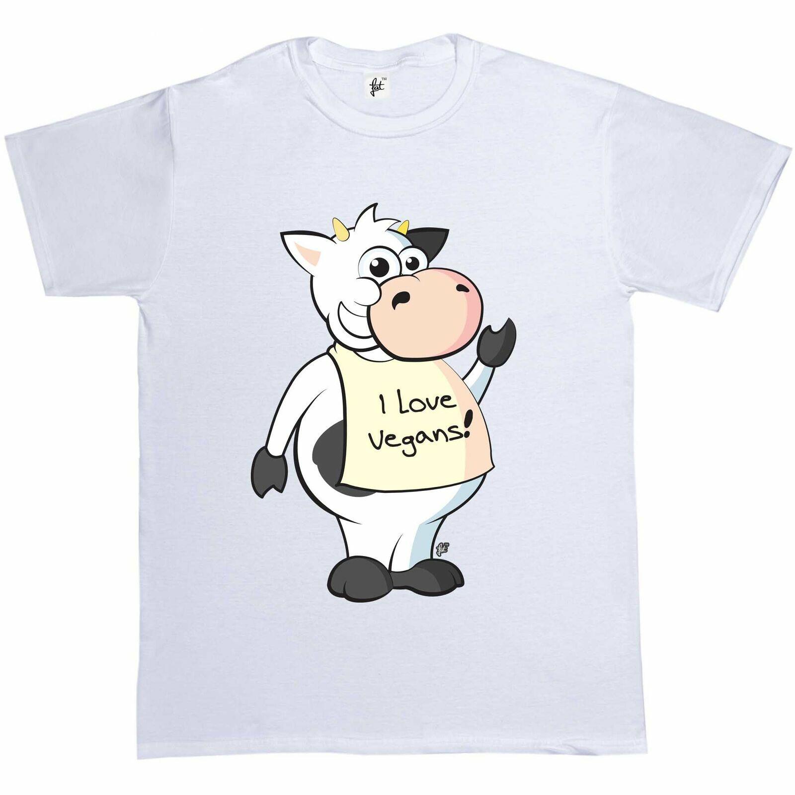 Happy Waving Black White Cow Wear I Love Vegans Sign Mens T-Shirt XXL
