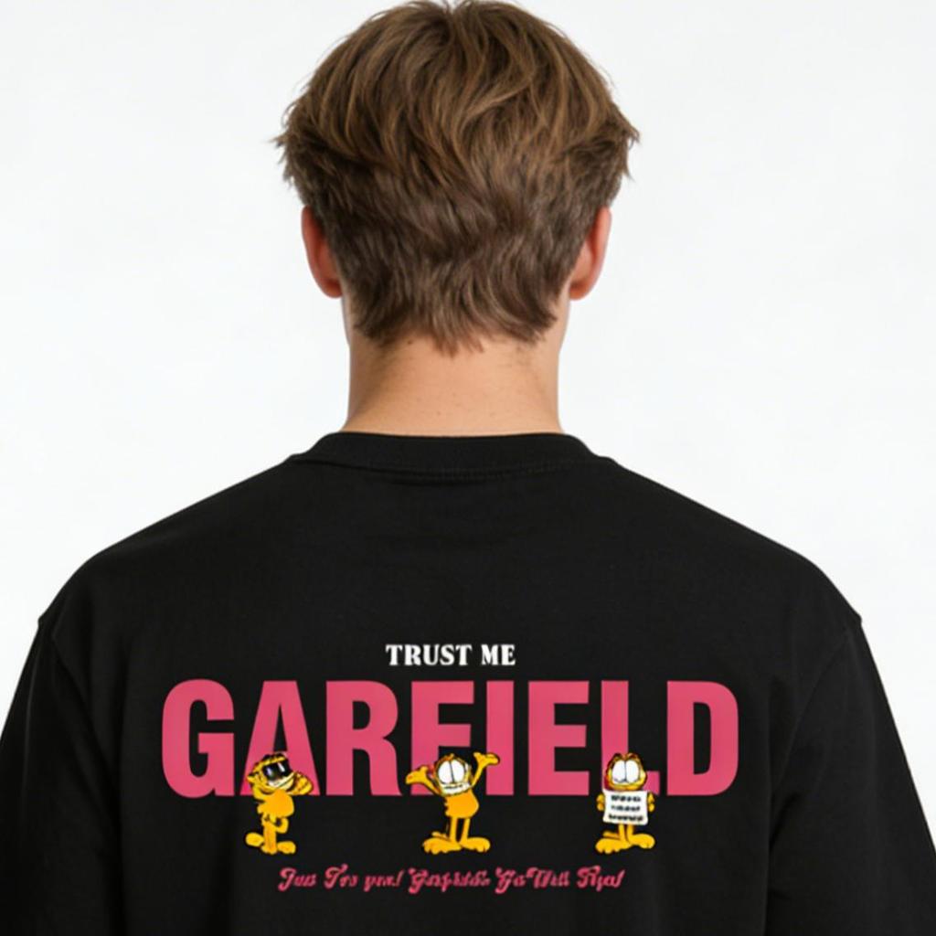 Garfield "TRUST ME" Front and Back Print Short Sleeve T-Shirt, American Streetwear Brand Heavyweight Cotton Loose Fit Oversized Couple Top