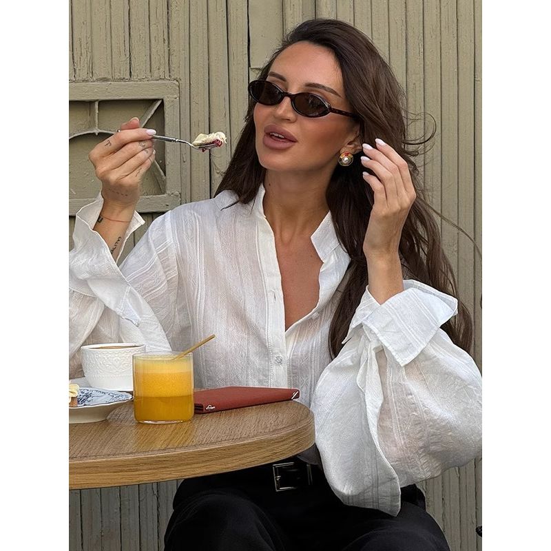 French style Loose Casual Lapel Lantern Sleeve Long sleeve White Simple Shirts Top Women's Shirt Top