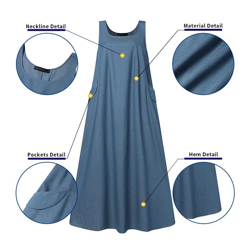 Summer Autumn Overalls Dress Muslim Sundress Robe Femme Vintage Straps Solid A Line Denim Blue Vestidos Kaftan