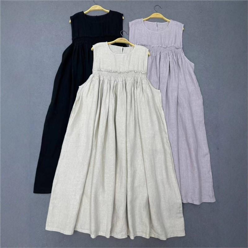 Johnature Lässiges ärmelloses Stilkleid für Damen Sommer Lässig Locker Einfach Elastische Taille Kleider