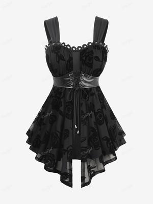 Rosegal Büyük Beden Gül Çiçekleri Flocking Mesh Bağcıklı Halkalı Dantel Kenarlı Asimetrik Tank Top