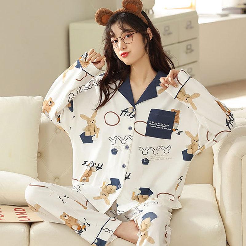 Spring And Autumn Two-Piece Ladies Pajamas Women Long-Sleeved Cardigan Imitation Cotton Home Wear Leisure Ladies Pajama Set