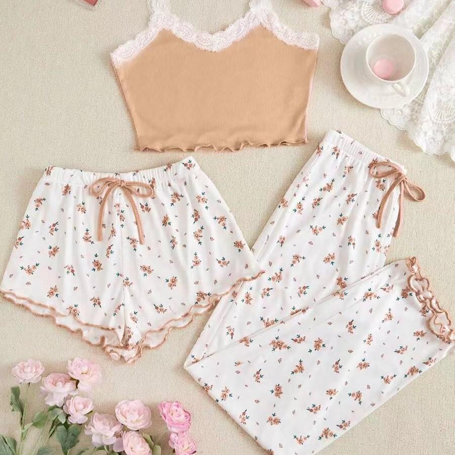 Pajama-Set aus floraler Spitze für Damen - Niedliches Sommer-Camisole mit kurzen und langen Hosen