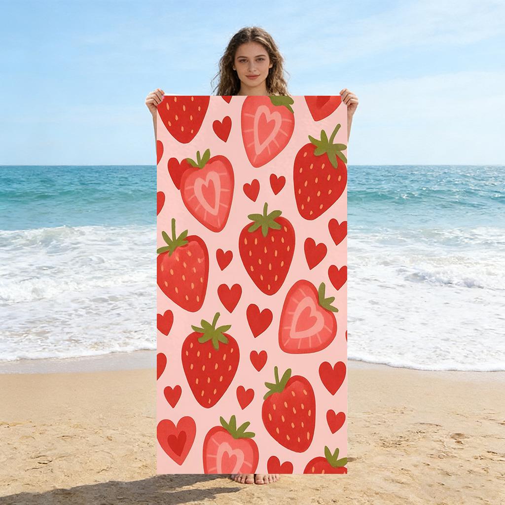 

1PC Heart-shaped Strawberry Beach Towel Quick-drying Towel Suitable for Seaside Pool Camping Vacation Yoga For Family Friends W40*H60(CM)