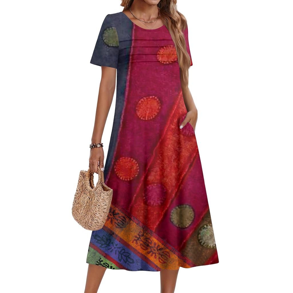 Damenkleid mit Blumenmuster, lässig und modisch, kurzärmelig, Rundhalsausschnitt