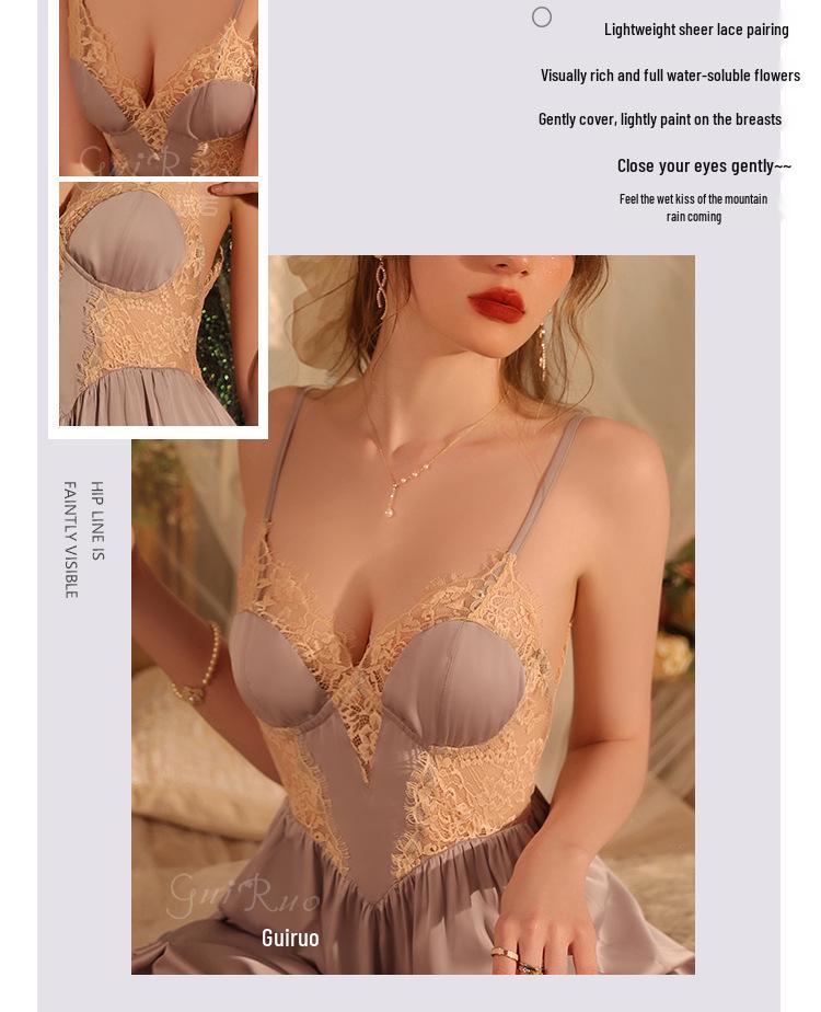 Elegant Satin & Lace Deep V Backless Nightgown and Robe Set J3343