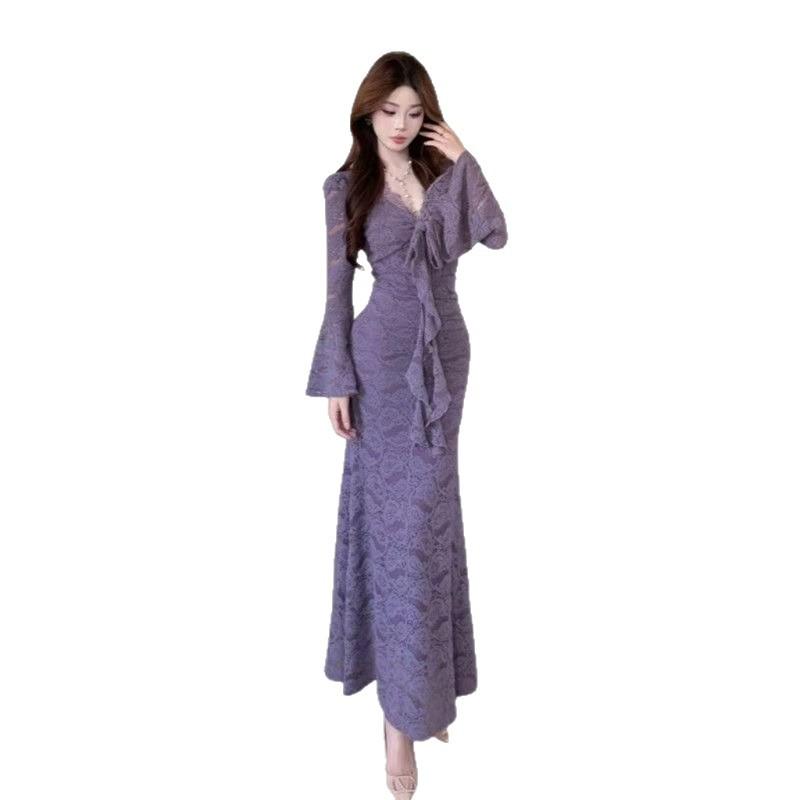 French Elegance and Sophisticated Look Stunning Lace Dress for Women, Autumn Hot Girl Super Fairy-tight Pencil Long Skirt