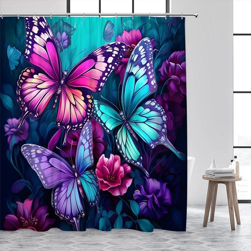 Forest Butterfly Shower Curtains Flowers Green Plants Butterflies Nature Waterfall Bath Curtain Fabric Bathroom Decor with Hooks