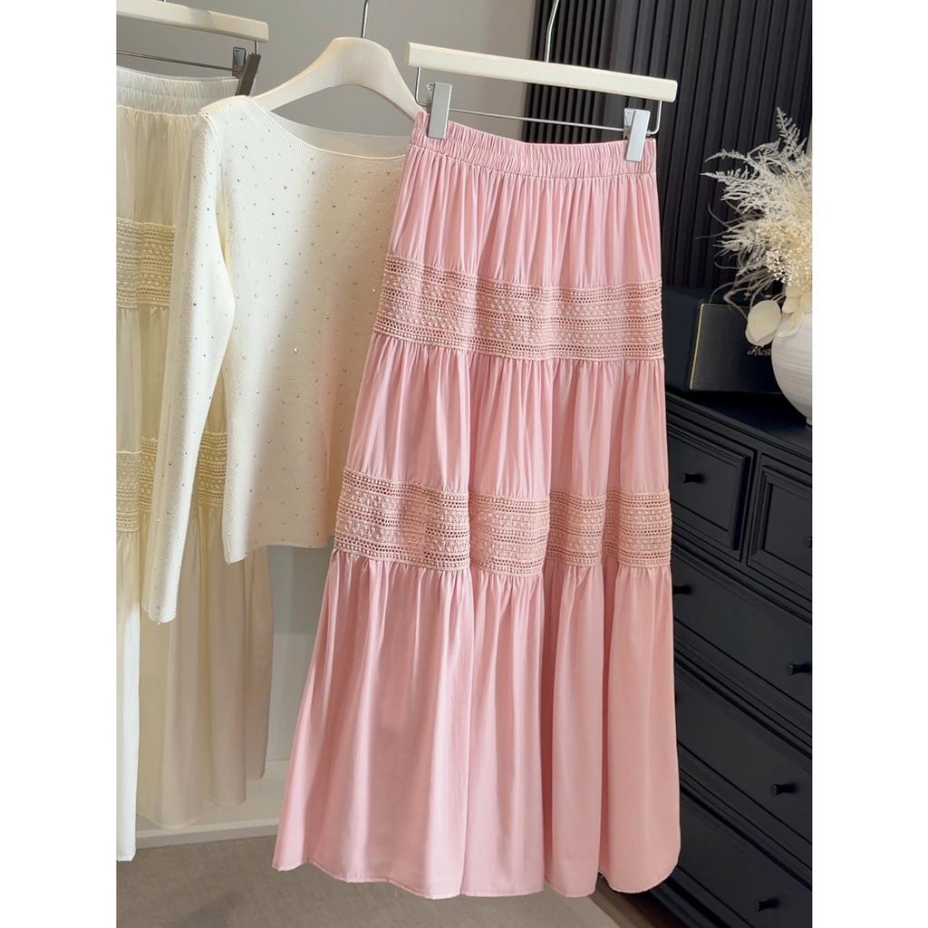 Women's High Waist A-Line Midi Skirt Lace Hollow Out Flowy Tiered Long Skirt