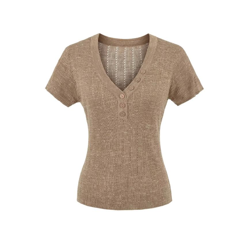 V-neck hollow short-sleeved T-shirt women's summer new American Spice Girl style solid color slim-fitting and thin bottoming shirt top