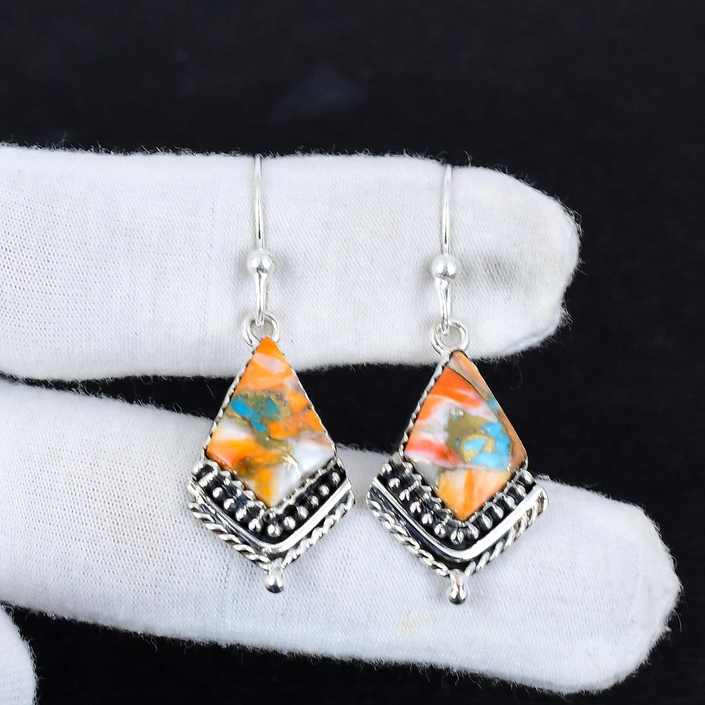 Naturalne Pomarańczowe Ostrygi Kolczaste Turkusowe Antyczne Kolczyki Srebro Próby 925 Kolczyki Wiszące, Biżuteria Boho Srebrna, Prezent na Dzień Kobiet