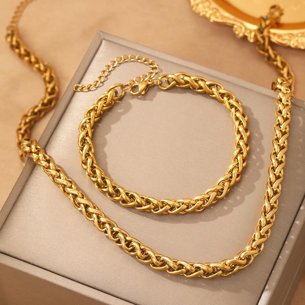 Stainless Steel Set Simple Personalized Hip Hop Chunky Chain Keel Chain Necklace Bracelet Set For Women Zircon Daily Matching