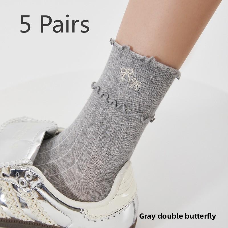 

5 пар женских новых вышитых в китайском стиле модных и стильных носков средней длины с бантом в китайском стиле 5 Pairs серый