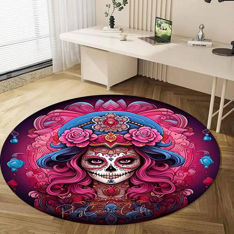 1Pc Day of the Dead Skull Circular Print Rug - Home Decoration Carpet For Living Room Bedroom Flooring Computer Chair Area Rug