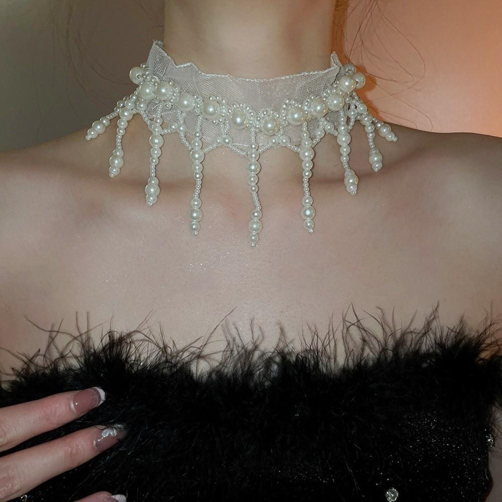 White Pearl Lace Choker Creative Mesh Neck Jewelry Neck Pendant Tassel Beads Necklace  Bride