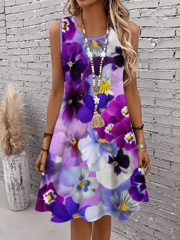 Women's Sleeveless A Line Dress Vibrant Floral 3D Print Dresses Woman Summer Woman Clothing Oversized Y2k Ladies Clothes Tops
