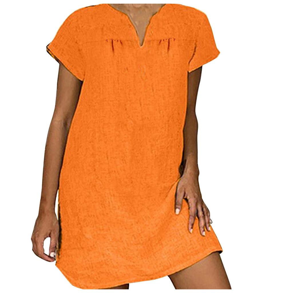 Gonna ampia estiva da donna alla moda, manica corta, scollo a V, abito in cotone e lino