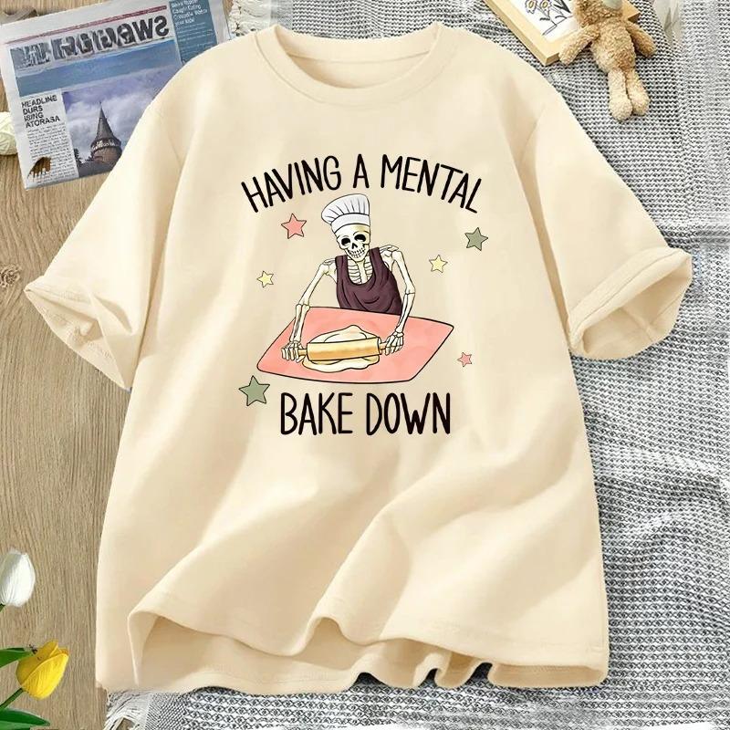 Interesting Baking Chef Skeleton Baker Printed Tshirt Short Sleeve Round Neck Womens  Tshirt  Versatile for Daily Use S