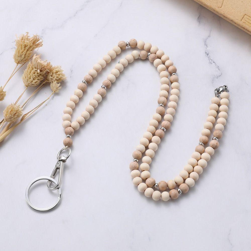Stainless Steel Clasp Wood Beaded Lanyard Natural Wood Bead Bead Teacher Lanyard  Ship Cards