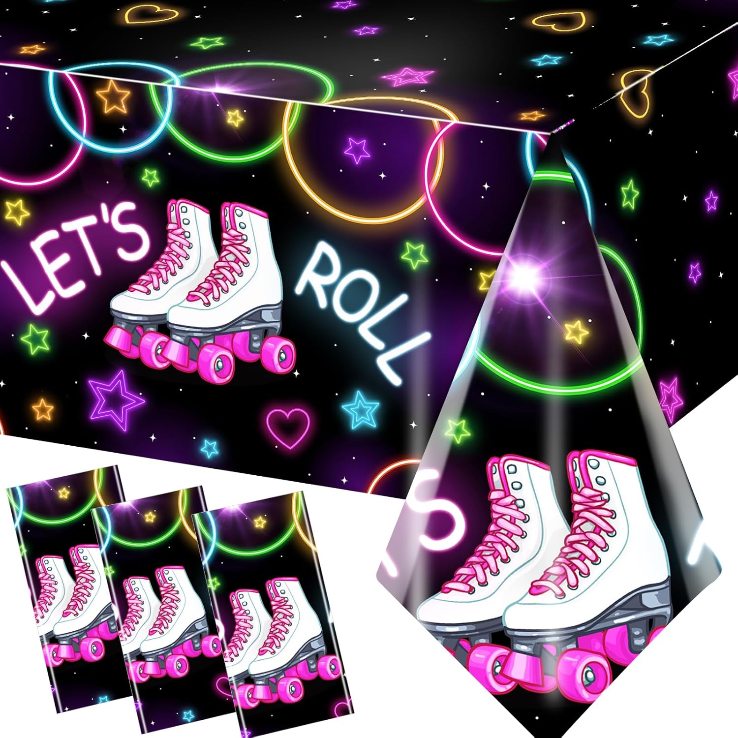Roller Skating Party Supplies, 3Pcs Roller Skating Birthday Tablecloths,Neon Let s Roll Tablecloths,Plastic Waterproof Roller Skate Table Covers for