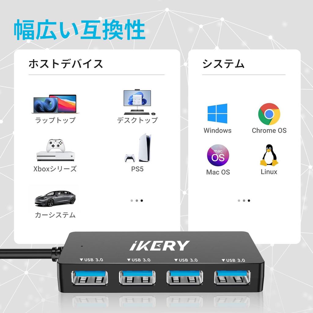 IKERY USB USB USB Data Transfer USB Compatible with and Ideal for Working from Home or On the 60cm Cable Hub, Type-A Port, 4-in-1 3.0 Hub, High-Speed